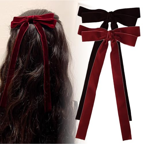 2 Stück Schwarz+Rote Haarschleife Mädchen, Satinband Schleife Haare, Französischer Haarspangen mit Lange Seidigem Satin, Samt Schleife Haarspangen, Haarschleifen Clips für Damen, Haarspange Schleife