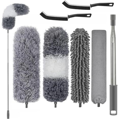 Feather duster 7PCS kit with 17-100 inch telescopic extension pole, detachable bendable and reusable gap hand crevice brush for cleaning dust cobwebs on high ceiling fans lights blinds cars furniture