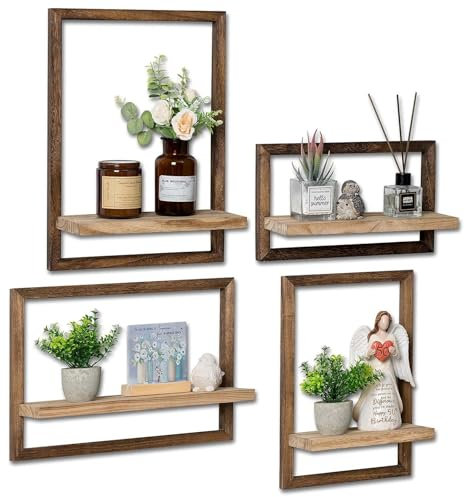 4er Wandregal Holz Schweberegal Regal, Dekorative Regale aus Massive Holz, Schweberegal Stabiles Hängeregal Wandboard, Wand Wanddeko Wohnzimmer Rustikal Wandboard Pflanzenregal Wandablage Braun