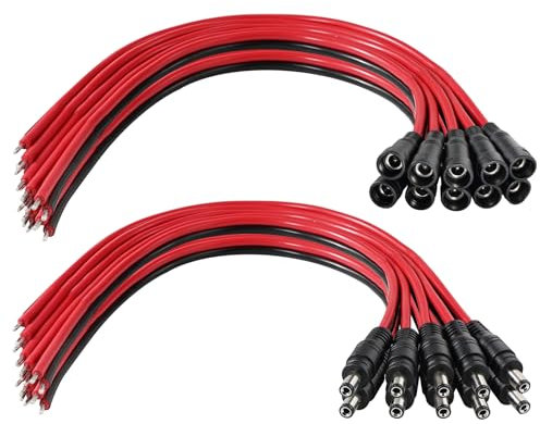 10 Pairs 5.5x2.1mm DC Barrel Male Connector with 10Pairs 2.1mm x 5.5mm DC Female Plug Power Pigtails, 16AWG DC Male and Female Connector Power Supply Repair Cord for LED Strips,CCTV Security Camera