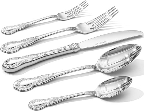 KINGSTONE Vintage Carved Silverware Set, 20-Piece 18/10 Stainless Steel Flatware Cutlery Set with Retro Royal Thick Handle, Tableware Utensils for Home, Restaurant, party, Wedding, Dishwasher Safe