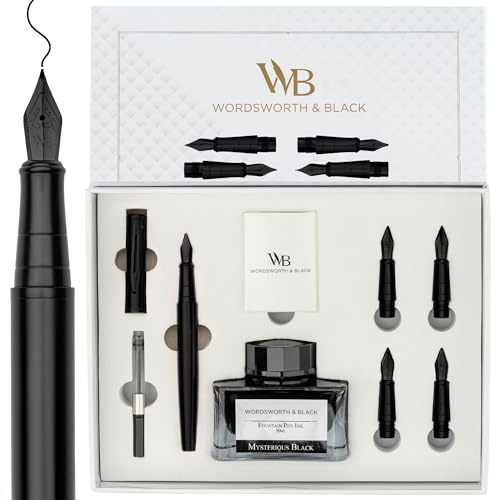 Wordsworth & Black Set de Regalo Pluma Estilográfica, Incluye Botella de Tinta, 6 Cartuchos de Tinta, Convertidor de Recarga, 4 Plumillas de Repuesto, Diario, Caligrafía, Escritura Suave [Todo Negro]