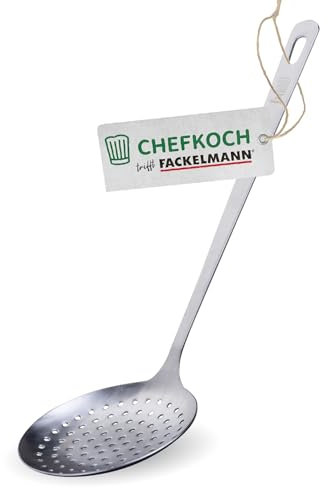 Chefkoch trifft Fackelmann Abseihlöffel - Ideal zum Abseihen von Knödeln, Maultaschen & Co., hochwertiger Edelstahl im matten Look – Kochlöffel spülmaschinengeeignet