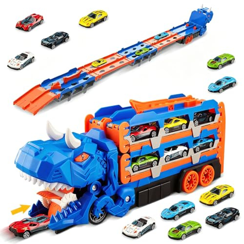 Dinosaurier Transport Truck Spielzeug ab 3 4 5 6 Jahre, 157cm Faltbare Autorennbahn Spielzeugauto mit 6 Rennautos, Tragbares Transporter Spielset Auto Spielzeug Geschenk für Jungen Kinder Mädchen