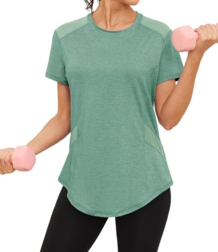 Gyabnw Sport t-shirt dam sportskjorta nättopp funktionell skjorta kortärmad löpartröja fitness top yoga, Mörkgrön, S