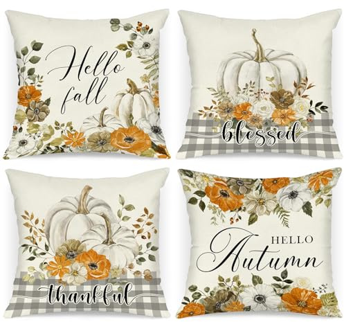 Benjia Juego de 4 Fundas de cojín de otoño de 40x40 cm, Flores Calabaza Fundas de Almohada de otoño Cubiertas de Almohadas 40 x 40 cm Decorativas para Acción de Gracias Halloween Home Sofá-Gris
