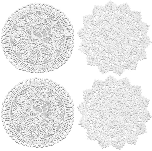 Deckchen Häkeln, Spitzendeckchen Klein, 15cm Platzdeckchen Rund, Handgefertigte Spitze Untersetzer, Häkeln Vintage Tischdeckchen für Küche, Esszimmer, Party, (2 Rose + 2 Platycodon, 2 STK)