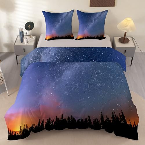 dyausi Bettwäsche 135x200 Sternenhimmel, Sterne Sonnenuntergang Wald Bettbezug 3 Teilig Bettwäsche-Sets, Wendebettwäsche Weiche Microfaser, Deckenbezug mit Reißverschluss und Kissenbezug G58