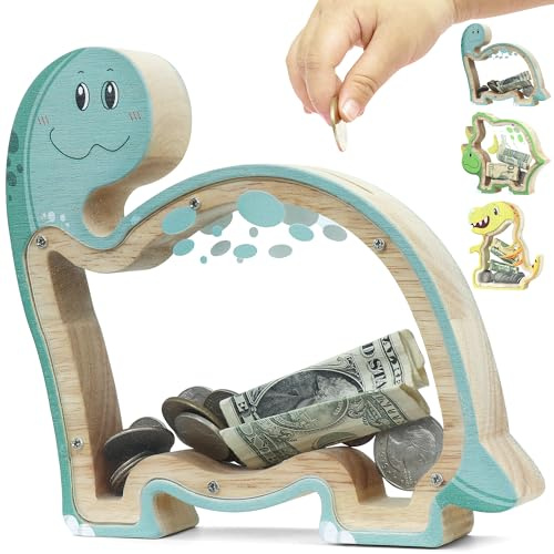 DBPBToU Spardose Kind aus Holz Dino, durchsichtiges Sparschwein für Kinder, personalisierte Sparbox zum Geburtstag (Brachiosaurus)
