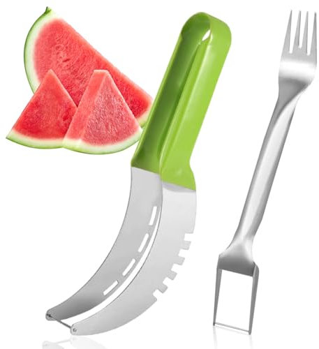 Watermelon Slicer Cutter,2-in-1 Stainless Steel Watermelon Slicer & Fork,Portable Melon Cutter Tool for Cantaloupe, Papaya, Dragon Fruit,Ideal for Home, Kitchen, Camping,and Parties