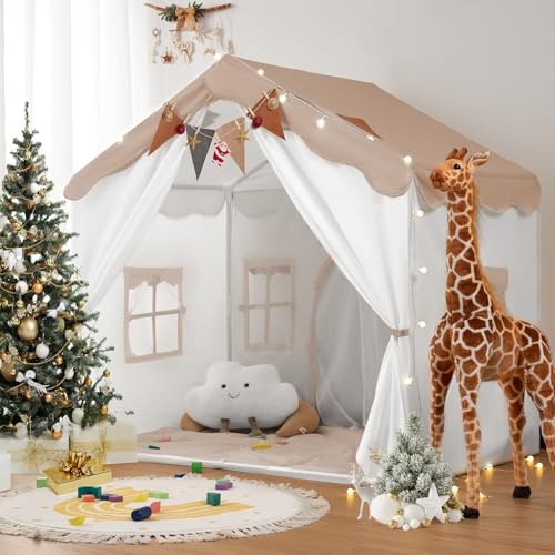 2 in 1 Tenda per Bambini besrey, Tenda Casetta da Gioco con 2 Porte e 4 Finestre, Tenda da Gioco per Bambini Interni ed Esterni con Tappetino Imbottito, Luci Fatate e bandierine (Marrone chiaro)