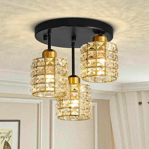 Kristall Deckenleuchte Moderne Schwarze und Gold Vintage Deckenlampe 3-Lichter Design Luxus K9 Kristall Kronleuchter für Schlafzimmer Küche Badezimmer Flur