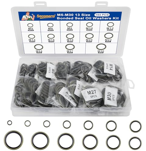 Seconero 194 Pcs 13 Sizes Bonded Sealing Washer Kit, Metal Rubber Sealing Rings, Drain Plug Gaskets, Bonded Seals Sump Plug Washer, Engine Oil Crush Washers M5/6/8/10/12/14/16/18/20/22/24/27/M30