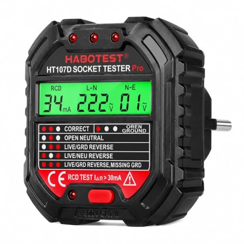 VOBOR Testeur de Prise Electrique avec Test RCD, Automatique 6 Types de Diagnostic d'Erreur, Testeur de Circuit Electrique Courant pour Détectez Erreurs des Câblages, 90-250V/45-65Hz, CAT ll 300V