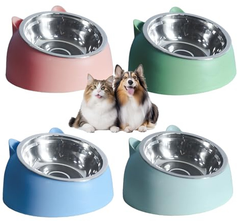 Raised Cat Bowls, 4PCS Cat Bowl with Stand Tilted 15° Elevated Dog Dish Stainless Steel Kitten Food Bowls Detachable Pet Feeding Bowl for Pets Dry Wet Food