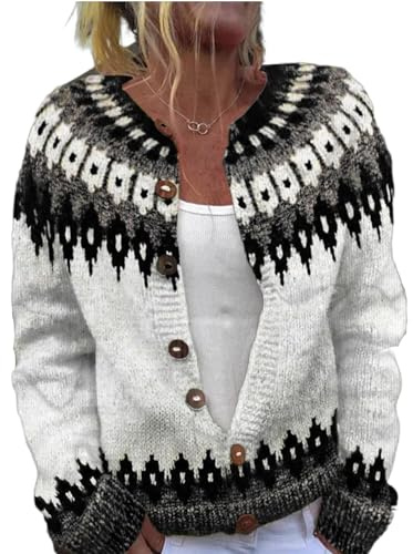 Women's Nordic Fair Isle Cardigan Vintage Icelandic Knitted Coat with Colorful Boho Pattern Button Front Open Sweater (White,Medium)