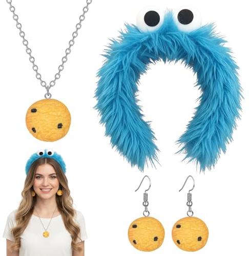Fsahiuf Krümelmonster Kostüm Damen Kinder,Krümelmonster Haarreif mit Augen,Cookie Ohrring,Cookie Halskette,für Kinder Damen Karneval, Faching Party Cosplay Verkleidung Accessoires