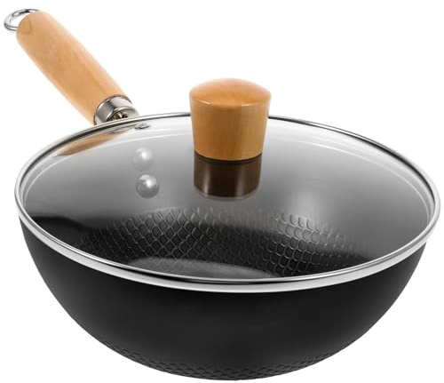 SEWACC Sartén Wok Antiadherente de Hierro 20 CM con Tapa de Vidrio Apta para Cocina de Inducción y Gas Sartén China de Fondo Plano para Cocinar Verduras Carne y Huevos