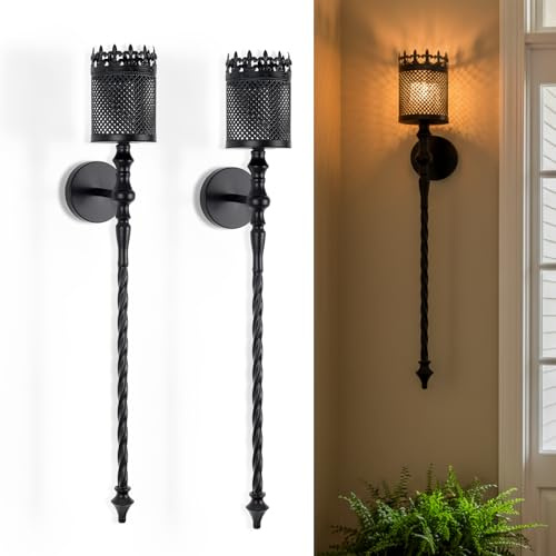 Candle Sconces Set of 2 Long Wall Candle Holder Large Black Gothic Vintage Wall Sconce Decoration for Dining Room, Living Room, Office, Bathroom