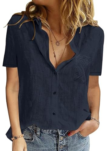 PASUDA Camicia Donna Estiva Camicetta da Donna Manica Corta Cotone Elegante Blusa Maglietta Scollo a V Top con Bottoni Moda Casual T Shirt Tinta Unita Classico Maglia Tees (Blu Navy, S)
