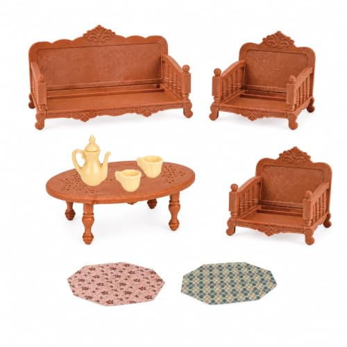 Muebles Casa Muñecas, Juego Sofá | plástico - juego simulación - 3+ - tejido - sofá - sillón - mesa centro - tetera - taza té - Accesorios Juego - para Niñas