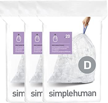 simplehuman CW0278 code D Custom Fit Bin Liner Bulk Pack, Clear Plastic (3 Pack of 20, Total 60 Liners)