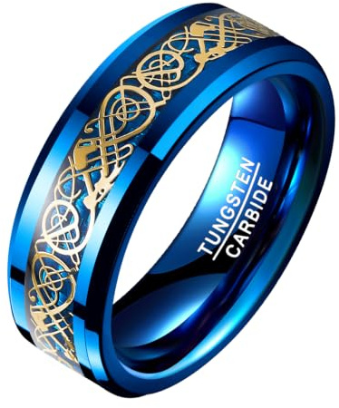 VAKKI Blue Carbon Fiber Inlay Ring 8mm Gold Plated Celtic Dragon Tungsten Promise Band for Him Size T 1/2