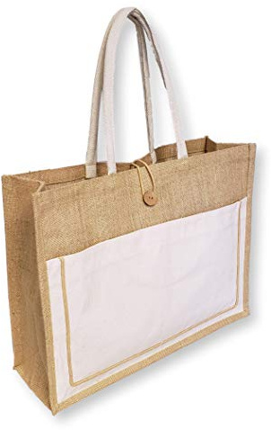 SONA G DESIGNS Vintage Style Jute with Cotton Pocket Reusable Large Tote Grocery Shopping Bag - Custom Personalization Available (Natural - No Embroidery)