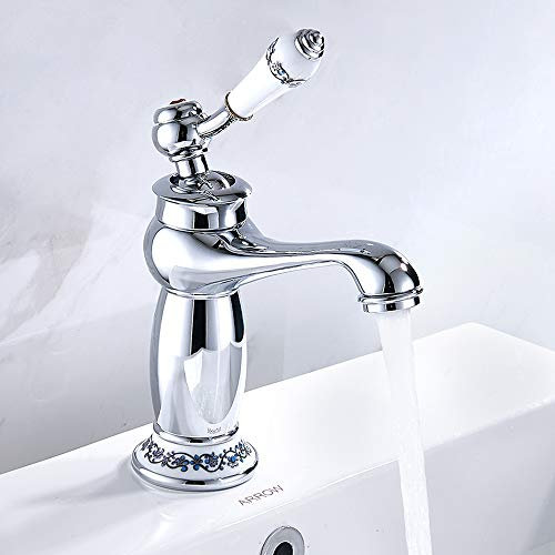 Miscelatore Lavabo e Bidet Rubinetto Lavabo Bagno Vintage in Ottone Cromato Rubinetto Monocomando in Ceramica Floreale Elegante (Basso, Argento)