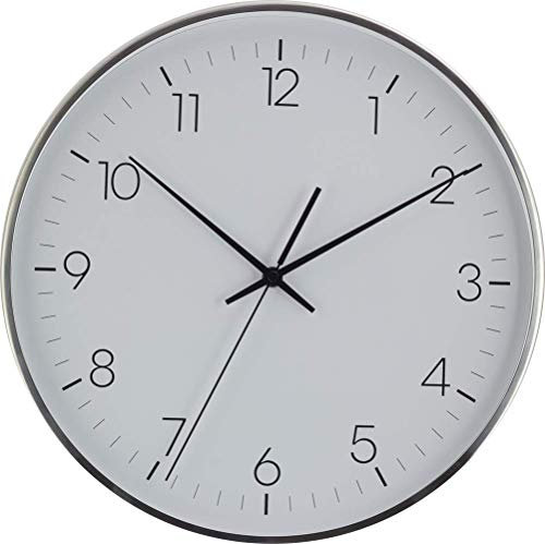 Eurotime Radio Controlled Wall Clock, 35.5 cm, Chrome Metal Frame, Real Glass, Clear 12 Number Dial, Automatic Time and Time Setting, for Living Area or Office, Black Second, 52047-07