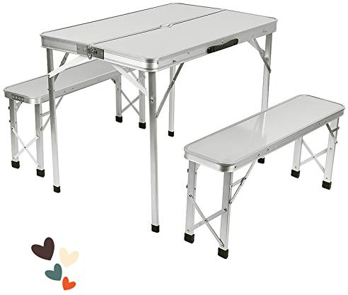 Yizhe Koffertisch mit 2 Sitzbänke Campingmöbe,Tische,Alu Campingtisch Set,Klapptisch mit 2 Alu Stühlen,Campingmöbel Set Campingtisch,Germany Campingtisch Set mit 2 Hocker