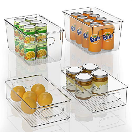 FINEW Set von 4 Stapelbare Kühlschrank Organizer - 2 Große/2 Mittel, Aufbewahrungsbox für Gefriergeräte, Küchenarbeitsplatten und Schränke, Clear Plastic Pantry Lebensmittelaufbewahrung- BPA Frei