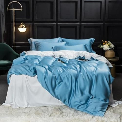 VIRUL Ensemble de literie en Soie Bleu foncé Ensemble de Housse de Couette en Soie Drap Plat Linge de lit Taie d'oreiller