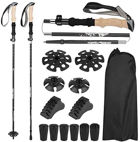 Wanderstöcke Trekkingstöcke Faltbare - Teleskop Nordic Walking Stöcke für Damen und Herren - Ultraleicht und Stabil, Verstellbar 105-135cm, Inkl. 4 Aufsätzen für jedes Terrain und Aufbewahrungstasche