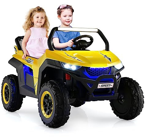 GYMAX Kids Electric UTV, 2-Seater 12V Battery Powered Toy Car with Remote Control, Lights, Bluetooth, MP3, USB, FM, High/Low Speed & Suspension Spring, Children Ride on Car for 3-8 Years Old (Yellow)