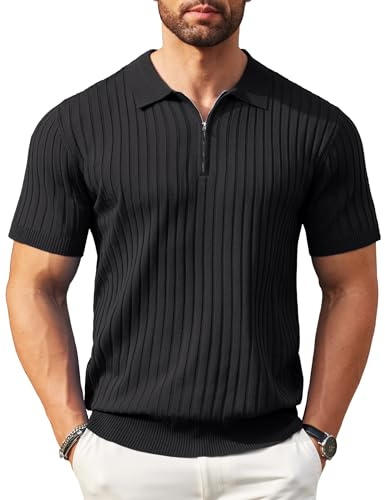 Coofandy Polo de Manga Corta con Cremallera para Hombre, de Punto Acanalado, a la Moda, Informal, para Golf, Negro -, Large