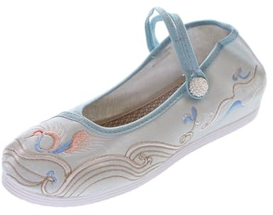 BJ-004 Ljusblå kranik-fågel moln satin broderad vintage hampu rem ballerina kinesiska tyg skor, blå, 37 EU Schmal