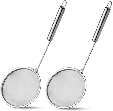 2PCS Stainless Steel Fat Skimmer Spoon, Fine Mesh Food Strainer Cooking Oil Sieve Colander Grease Strainer Ladle Metal Flat Cooking Skimmer Ladle Colander with Handle Food Strainer(L)