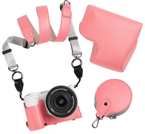 MUZIRI KINOKOO Protective Case for Sony ZV-E10 II, PU Leather Camera Case with 16-50mm Lens - Removable Case with Shoulder Strap & Storage Pocket - Pink