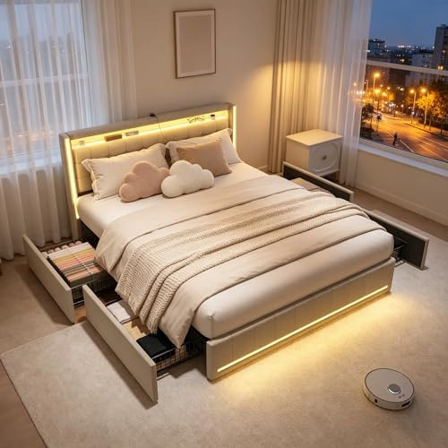 Dubbelsäng på 160 x 200 cm med LED-belysning, säng med stort lagringsutrymme och ribbotten, laddare 2 USB och 1 typ C, sängram för vuxna och växande linne, utan madrass (mörkgrå)
