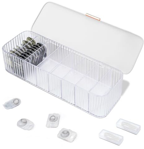 Fatiya Daily Contact Lens Organizer with 2 Remover & 2 Tweezers, Disposable Contact Lens Storage with Lid & 8 Grids, Clear Contact Lens Dispenser Case Box for Desk Home Office Art Supply (White)