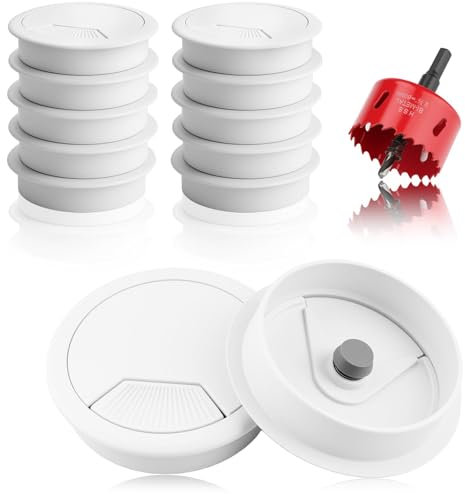 TXXATX 12 Pièces Passe Cable Bureau 60 mm avec Scie Cloche 60 mm Passage de Cable Bureau Blanc Passe Fil Bureau pour Bureaux Plans de Travail Home-Office