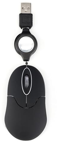 Glowster Ratón óptico Mini con Cable retráctil, conexión USB, Color Negro, Ideal para Uso en Movimiento y Espacios reducidos.