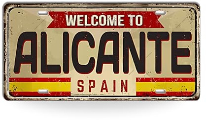 Spain Landmark License Plate Tin Sign • Vintage Spanish Cities Metal Wall Art • Travel Souvenir Decor for Home, Bar, or Cafe – Euro Trip Gift (18 Alicante)