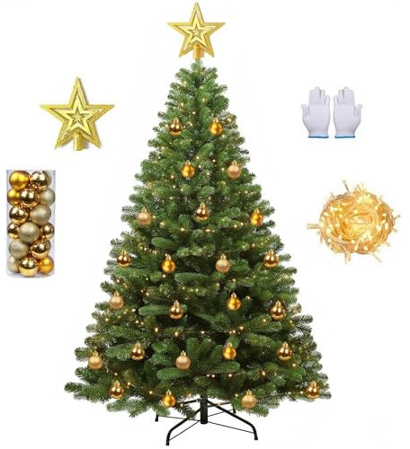 Vinclus 6ft Artificial Christmas Tree - 180cm with 100 LED Lights & 24 Balls & Top Star,950 Branch Tips,Easy Assembly,Metal Stand