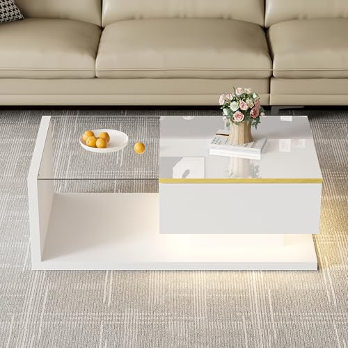 TIZZ Mesa de centro larga de 90 cm, color blanco brillante, mesas auxiliares, mesas de centro con cristal y efecto LED