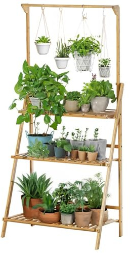 Neo Supporto per piante pieghevole in bambù a 3 livelli con gancio per appendere scala per fiori per interni ed esterni, per balcone, soggiorno e giardino