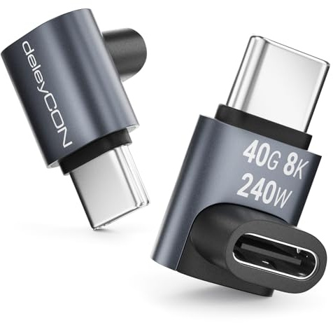 deleyCON USB-C-Adapter 90° Vinkel (2 St) 40 Gbps, 240 W, 8K60 Hz, USB 4.0, Aluminiumhölje, USB-C-Hane till Hona för Smartphone, Surfplatta, Laptop, Notebook, MacBook, PS5 m.m.