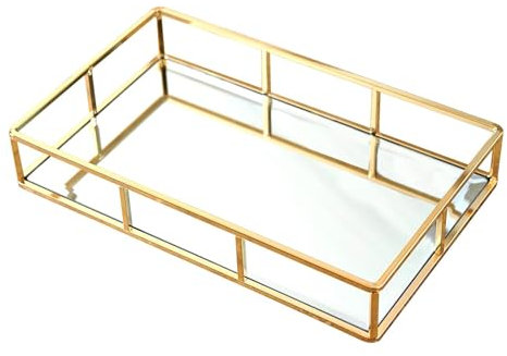 PuTwo Spiegeltablett, Vintage Spiegel Tablett Metall Tablett Platte Verspiegelt Deko Rechteckig, Dekotablett als Schminktisch Aufbewahrung - Gold