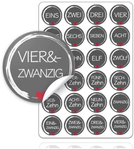 Adventskalender Weihnachten Aufkleber Etiketten Sticker Zahlen Buttons 1-24 DIY selbstklebend zum basteln mit Kraftpapiertüten (Edition 1)